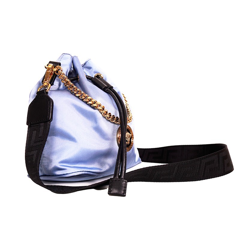 NEW $1,100 VERSACE Blue Nylon Drawstring GOLD MEDUSA LOGO Dahlia GRECA STRAP BAG gallery