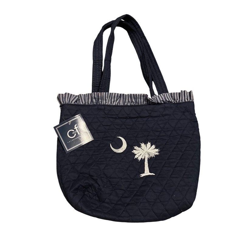 Quilted Tote Bag Navy Blue Palmetto Moon Embroidery Ruffle Top