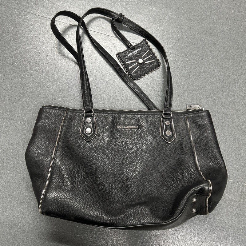 Karl Lagerfeld Zippy East West Tote Leather With Cat Whisker Tag Black 15x10x10