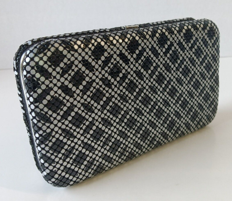 Clutch Purse Black and Silver Metal with Closing Claps and Chain Attachment