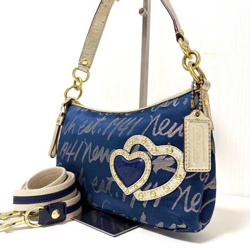 COACH Shoulder bag Poppy Canvas Heart Navy Authentic From Japan