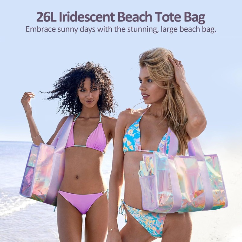Beach Bag 26L Large Iridescent Waterproof Beach Tote Bag for Women with Zippe... gallery