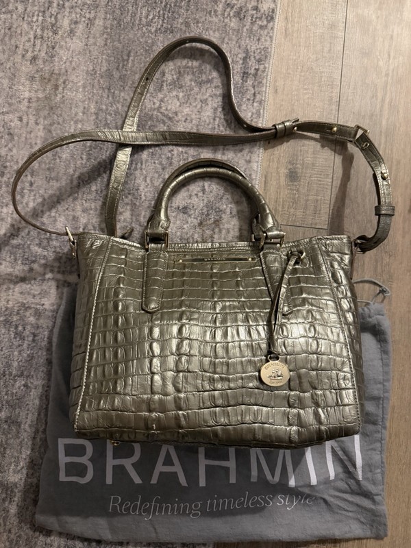 Brahmin Metallic Olive Green Croc Embossed Satchel with Original Dust Bag