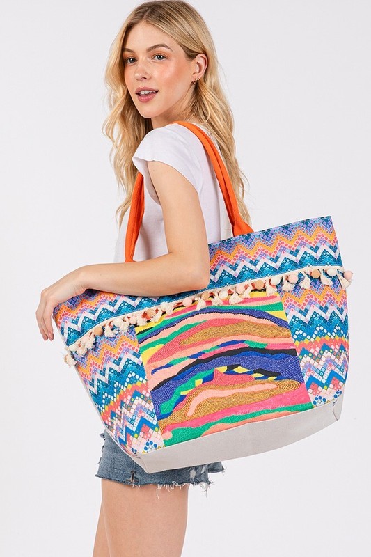 Anthropologie Style Abstract Boho and Bead Print Pom Pom Tassel Summer Tote Bag