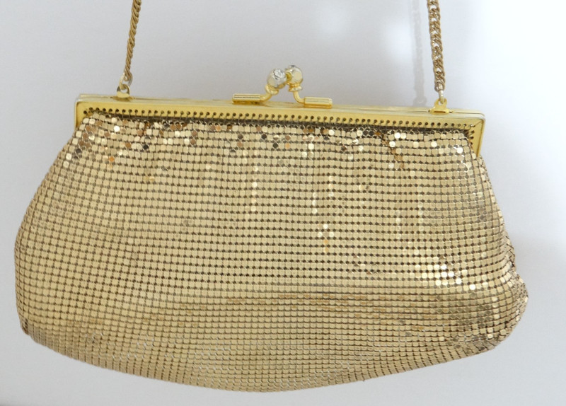 Whiting & Davis Gold Mesh Evening Bag Purse Metallic Flap Top Shoulder Chain gallery
