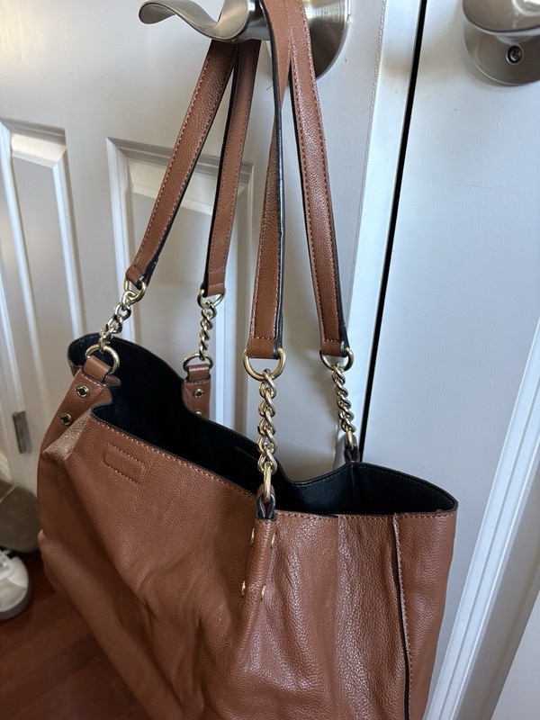 Brown Pebbled Leather Tote with Gold Chain Strap Accent for Women