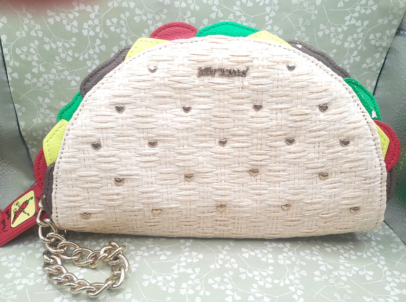 Betsey Johnson Taco Shape Wristlet, Studded Applique, Chain Strap, Woven