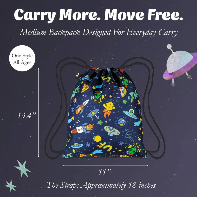 LOQI Kids SPACE Ufo Recycled Medium Backpack, Drawstring Bag gallery
