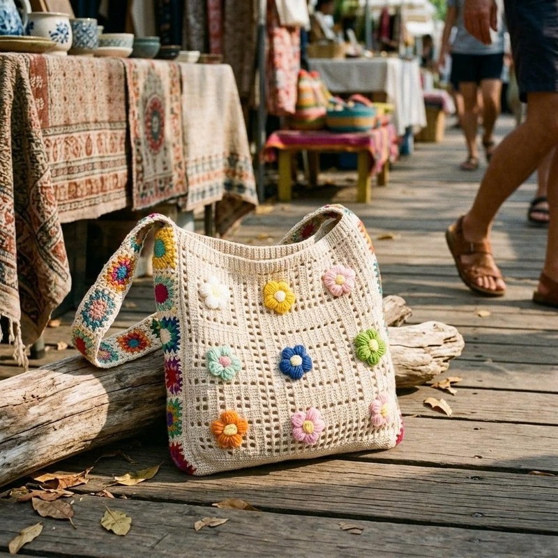 Flower Applique Crochet Bag Women Colorful Knit Crossbody Shoulder Purse