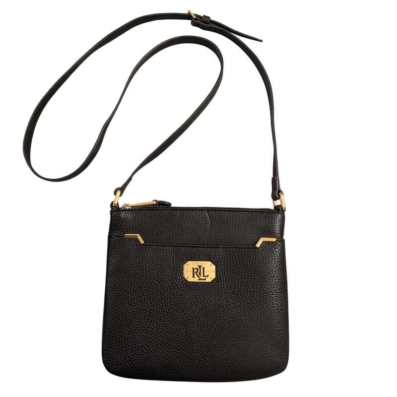 Lauren Ralph Lauren Acadia II Black Pebbled Faux Leather Crossbody Bag Gold Logo