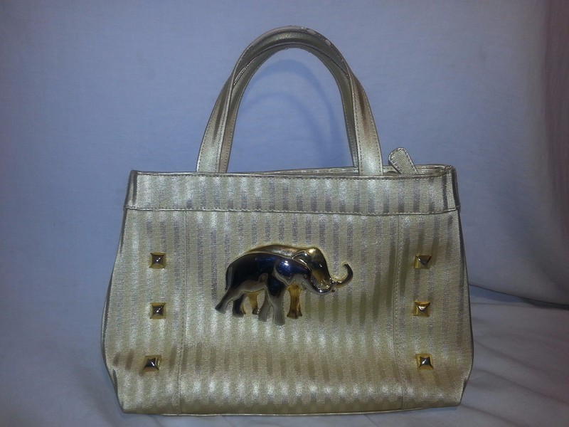Marlo Ladies Two Tone Gold Stripe BAG Handbag Purse with Metal Elephant EUC