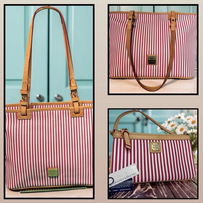 Dooney Bourke Bundle Set Fuchsia Pink Seaview Stripes Tote & Clutch Pouch Wallet