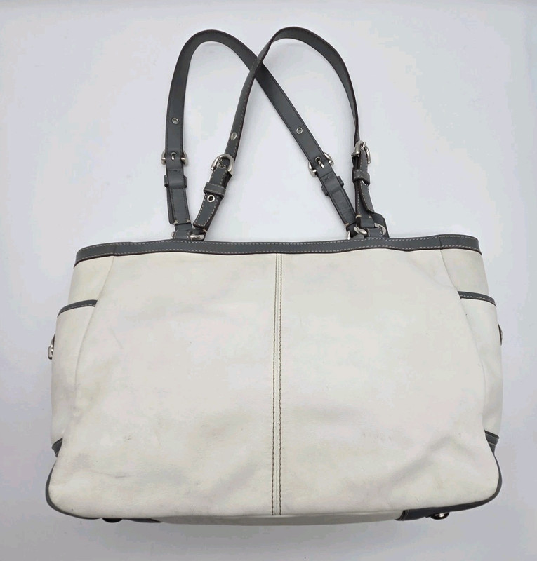 Coach Purse A1072-F13759 Pleated Ivory Leather Gray Trim Double Shoulder Straps gallery
