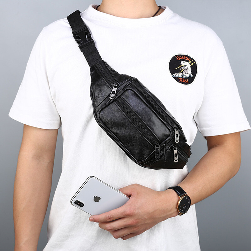 Genuine Leather Fanny Pack Multi Zippered Waist Bag Hip Belt Purse Black Pouch gallery