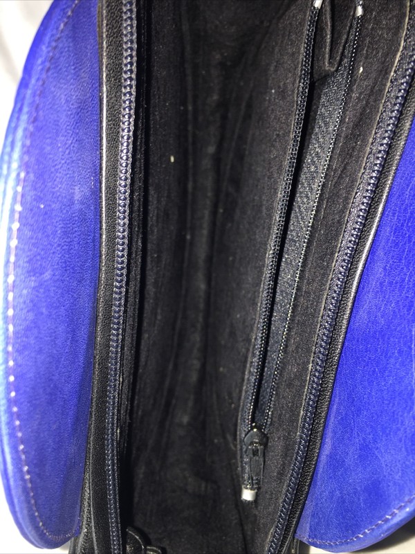 Safi Vintage Blue Circle Black Leather half circle crossbody purse zip Size M gallery