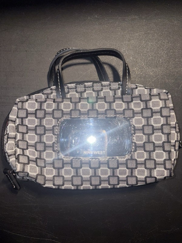 Nine West Gray Black Geometric Top Handle Bag Logo Plaque Zip Closure Red Lining