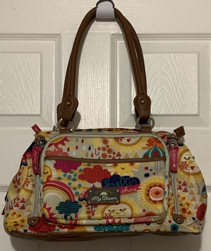 Lily Bloom Purse Satchel Hello Sunshine Rainbow umbrellas bright yellow Hot Pink