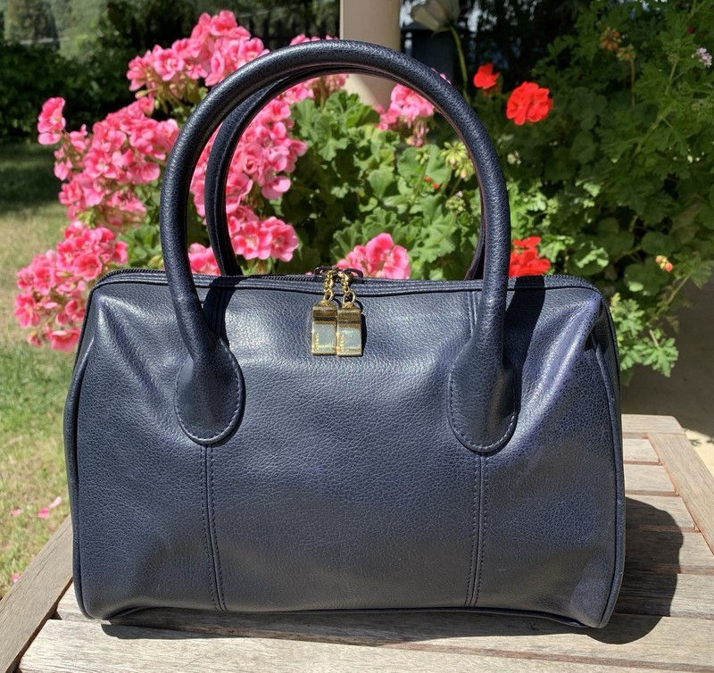 Tandem Tan Sac Mini Duffle Satchel Navy Blue Purse Handbag 8×11”