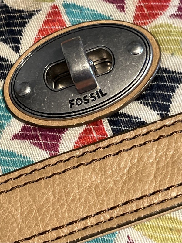 Fossil Boho Aztec Geometric Leather Trim Satchel Crossbody Multicolor Bag