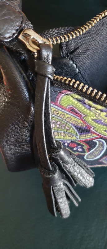 Talbots Black Pebbled Leather Green/Purple Paisley Hobo Handbag Pocketbook gallery