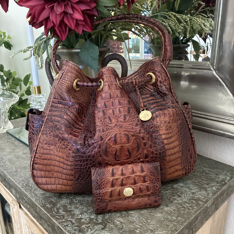 BRAHMIN SET: Trina Drawstring Bucket Bag & Matching Wallet Pecan Melbourne