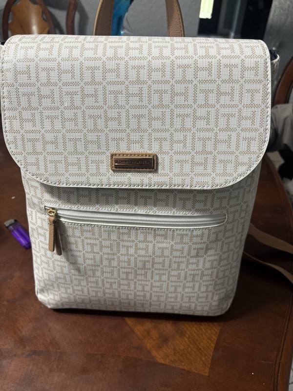 Tommy Hilfiger Beige Monogram Medium Backpack Zip Closure Front Pocket gallery