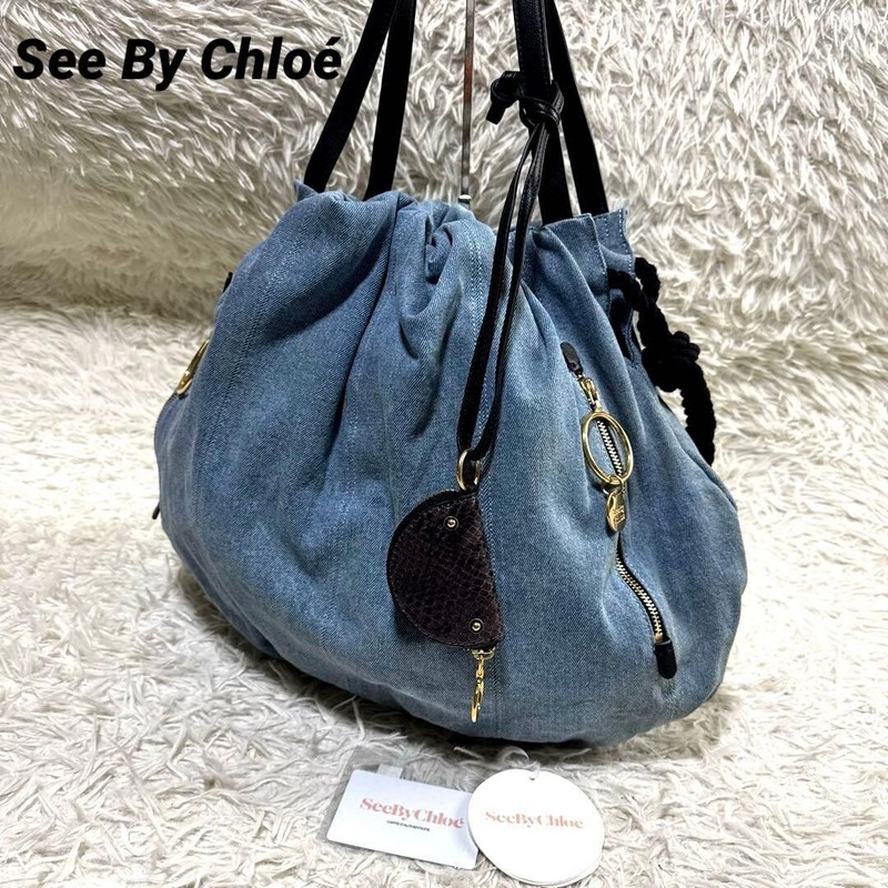 See By Chloe Flo Denim Shoulder Bag Rope Handle Gold HW Drawstring Auth