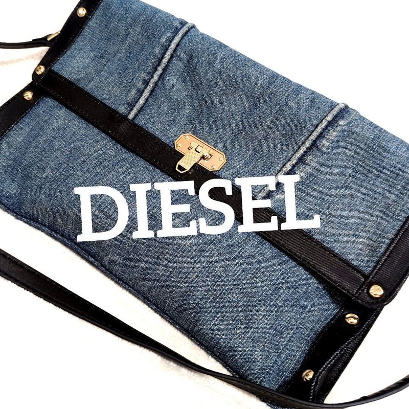 DIESEL Denim Shoulder Bag Blue and Black Mixed Material Metal Lock Studs