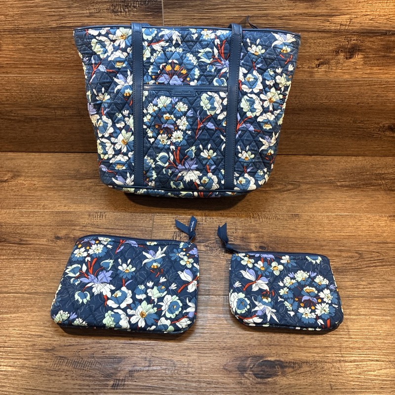 3pc Vera Bradley Tote – Retired Pattern Floral Blue Burst Wallet, Change Cosmet