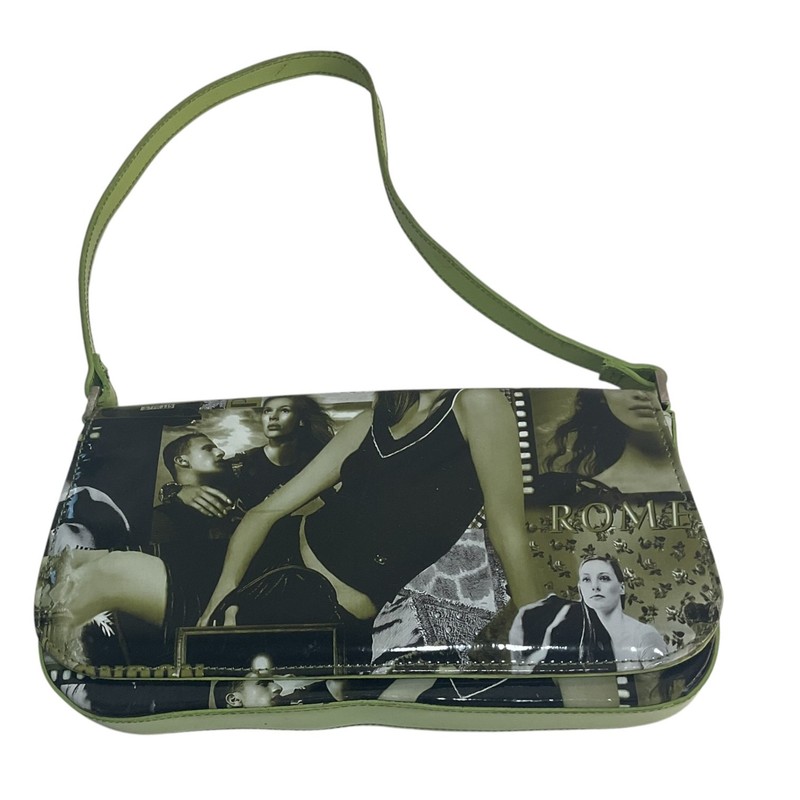 Y2K Photo Collage Shoulder Bag Green Faux Leather Paris Rome London Baguette Pur