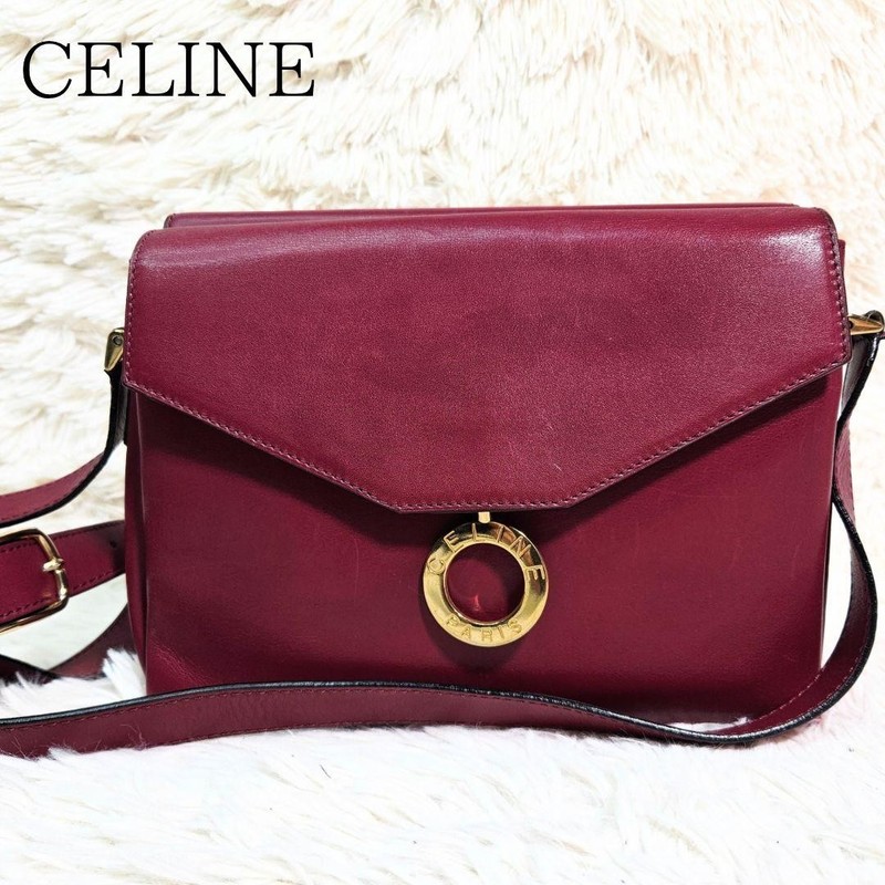 CELINE Circle Handbag Bordeaux Leather Vintage 18x25x8 cm 114 to 130 cm