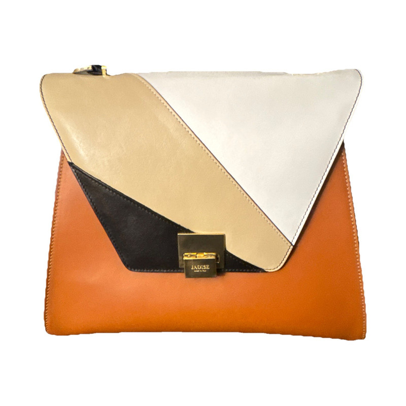 Jadise Colorblock Brown Beige Black White Satchel Top Handle Gold Hardware Str…