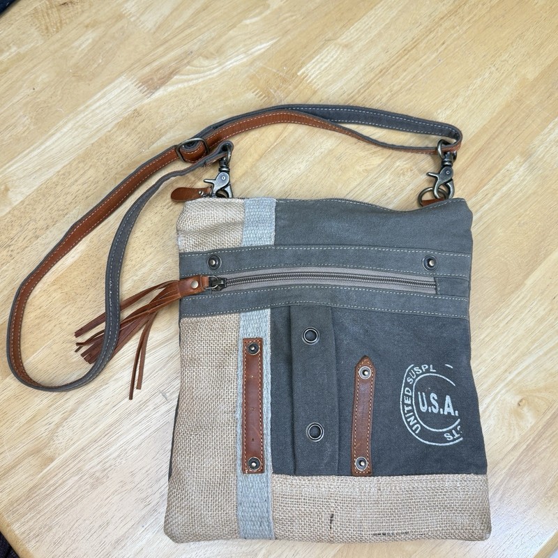 Myra USA Upcycled Canvas Patch Crossbody Bag Burlap Fringe Boho Purse NWOT gallery