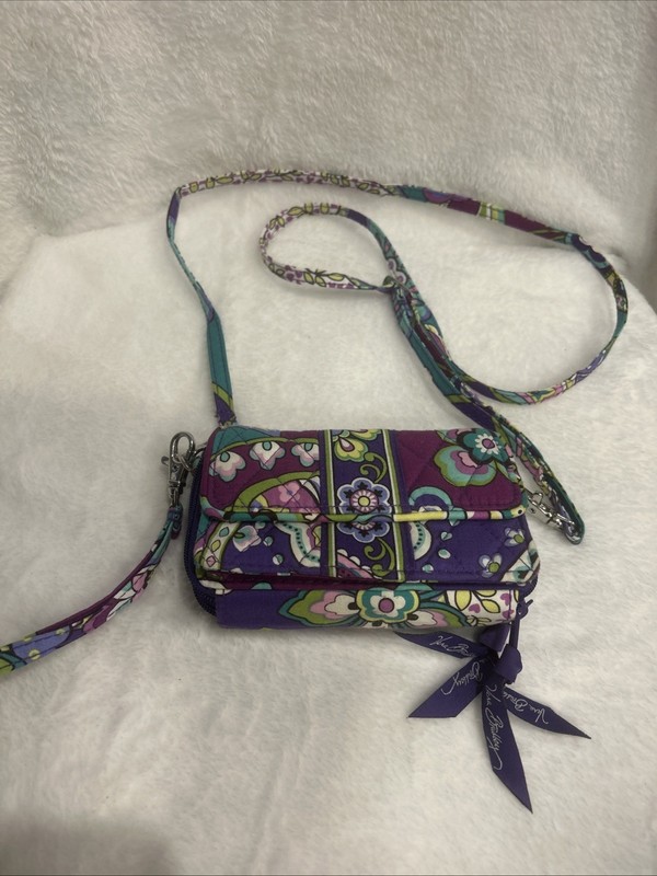 Vera Bradley All-In-One Crossbody Wristlet Purple Floral Quilted Cotton Bag