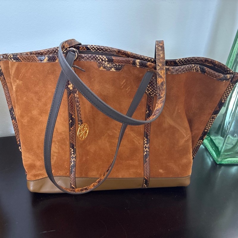 Tory Burch Perry Suede Triple-Compartment Tote features brown suede