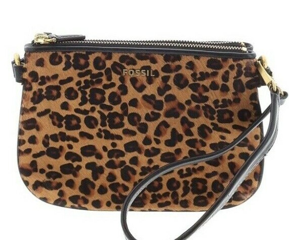 FOSSIL “Memoir” Top Zip Cheetah Hair Calf Swingbag Wristlet Animal Print $148