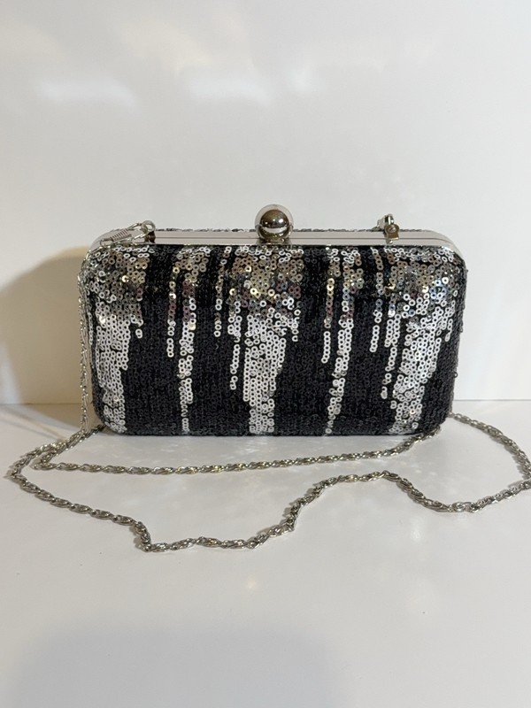Tasha Silver Evening Clutch Coctail Hard Shell Black Sequins Icicles Purse gallery