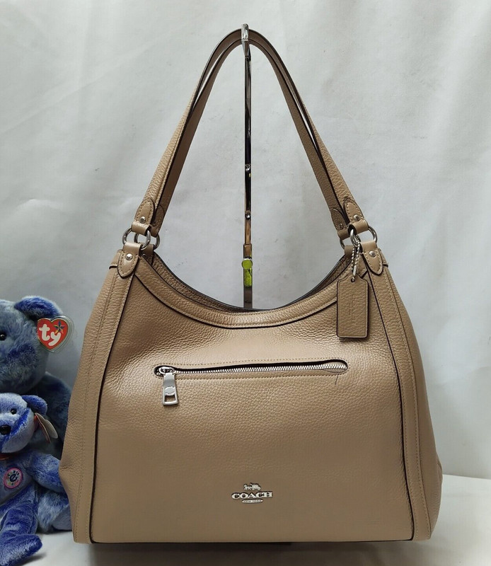 Coach Kristy Taupe Beige Pebble Leather Triple Compartment Shoulder Bag