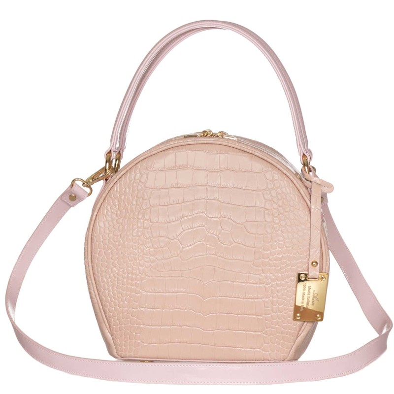 AURA Italian Made Pink Crocodile Embossed Leather Medium Round Tote Handbag