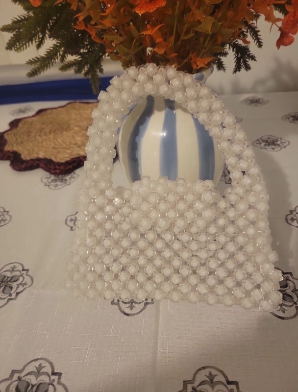 White Beaded Top Handle Mini Handbag Purse for Women, Solid Rectangle