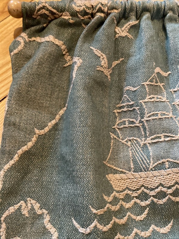Antique Handmade Needlepoint Tapestry Clipper Ship Ocean Tote Sewing Bag gallery