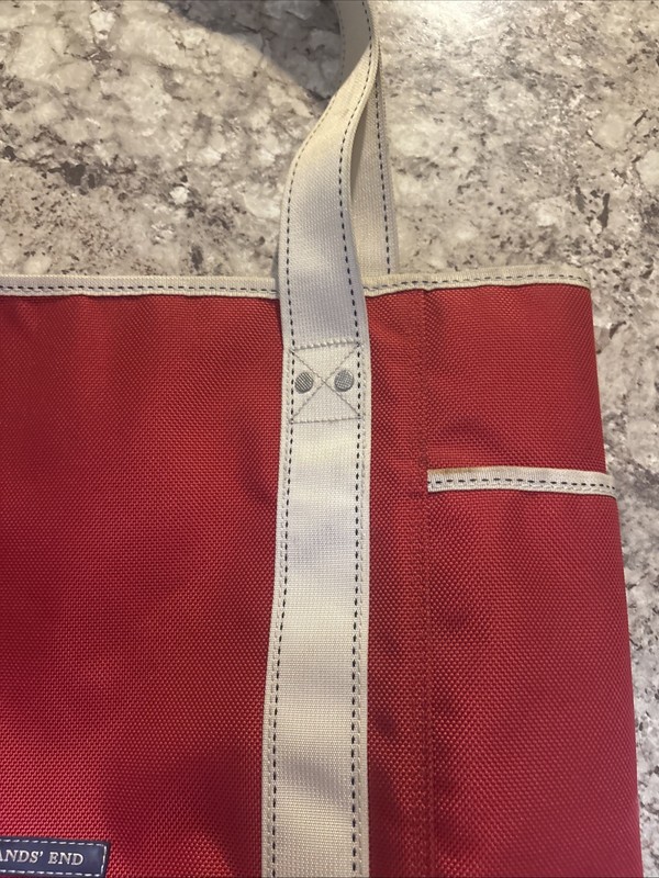Lands' End Heavyweight Nylon Boat Tote Bag Dark Red/Cream Brown Bottom 16x13x5” gallery