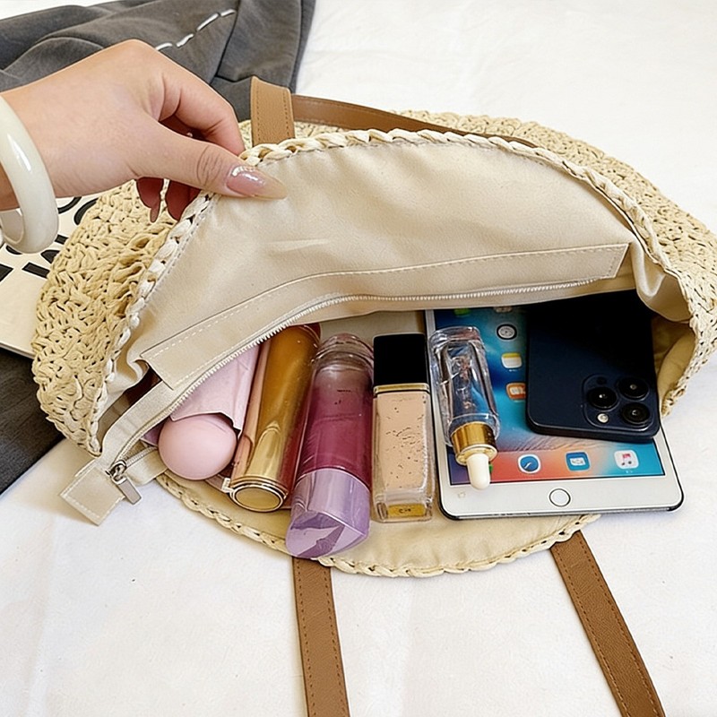 2 Styles Large Round Straw Tote Bag, Fashion Paper Woven Beach Bag gallery