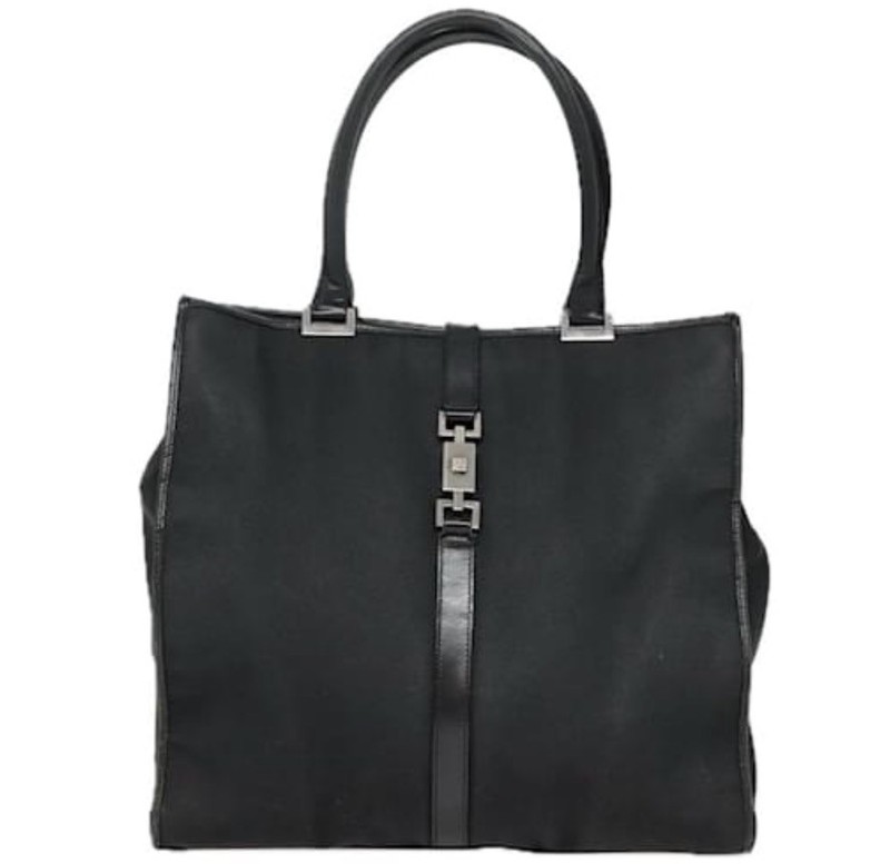 GUCCI Jackie Black Leather Top Handles Accent & Base, Nylon Tote Bag Vintage