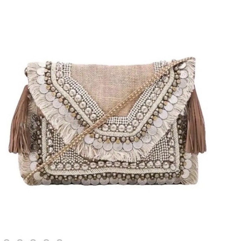 SHASHI Boho Coin Fringe & Burlap Crossbody Summer Purse