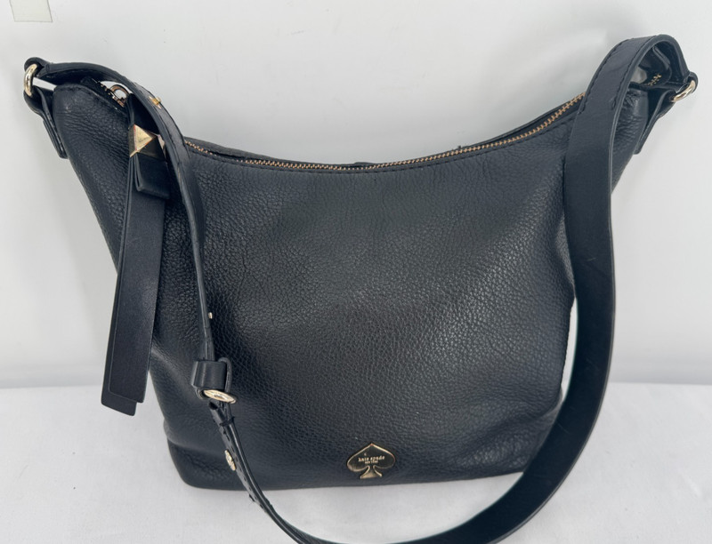 Kate Spade New York Black Pebbled Leather Hobo Bag Handbag Purse Gold Logo Strap
