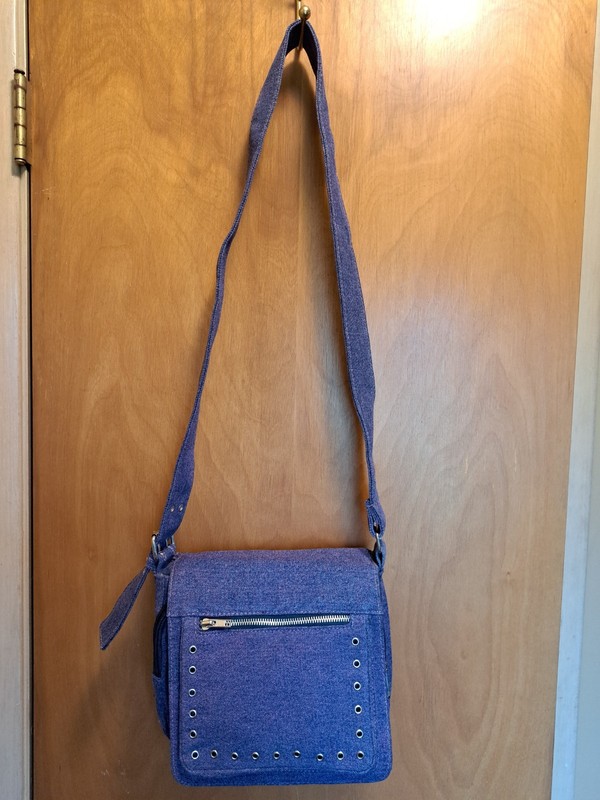 Womens Denim Crossbody Purse With A Pink Hue & Stitching. Multiple Compartment. gallery