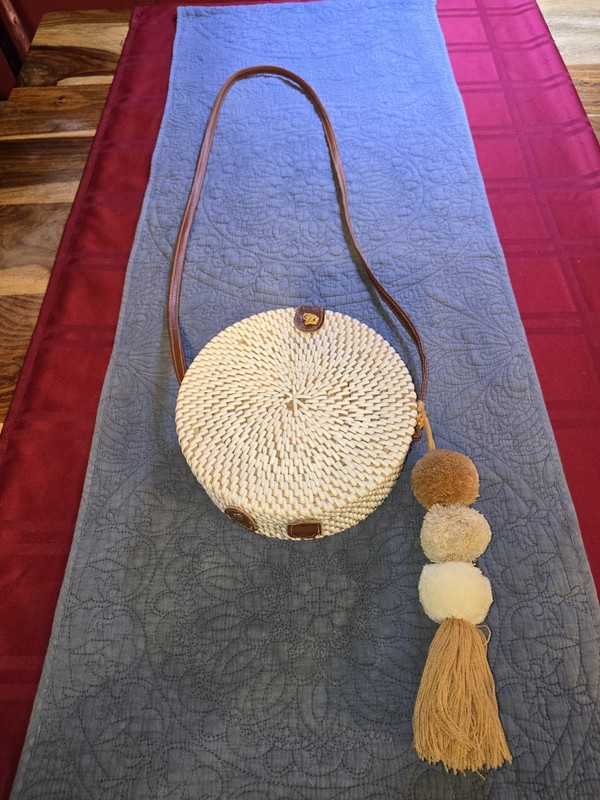 Vintage PVC & Ratttan Round Crossbody Bag with Yarn Tassel Large Bag Charm NWOT