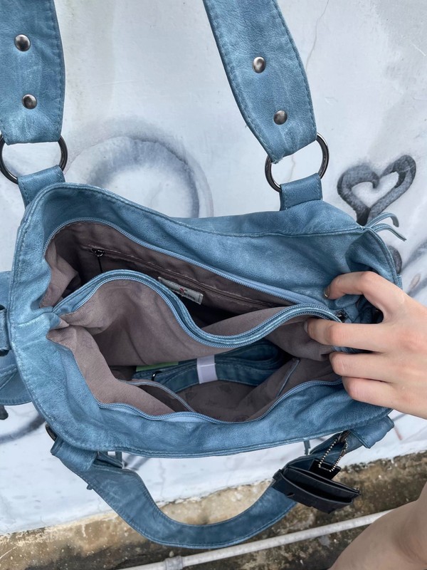 Blue Washed Faux Leather Stud Multi Pocket Y2K Shoulder Crossbody Hobo Bag gallery