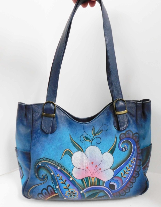 Anna By Anuschka Women’s Hand Painted Blue Leather Tote Bag Purse Floral Paisley